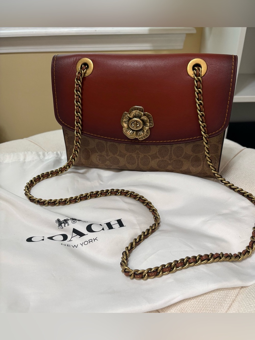 Coach Tea Rose Signature Chain Shoulder Bag - Brown/Tan